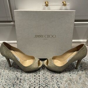 Jimmy Choo Tatyen glitter lame peep toe pump